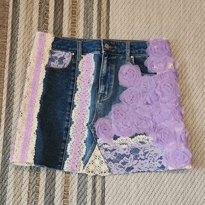 Denim and Lace Purple Jean Skirt Hand Designed.